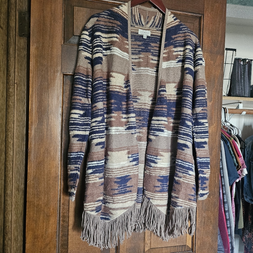 Lucky Brand Navy, Brown & Cream Open Cardigan